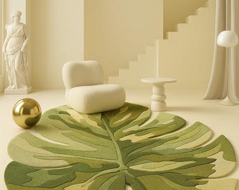 Monstera Leaf Rug–Hand Tufted Rug New Zealand Wool | Botanical Area Rug | Green Leaf Shaped Rug | Jungle Aesthetic Carpet Custom Shaped Rug