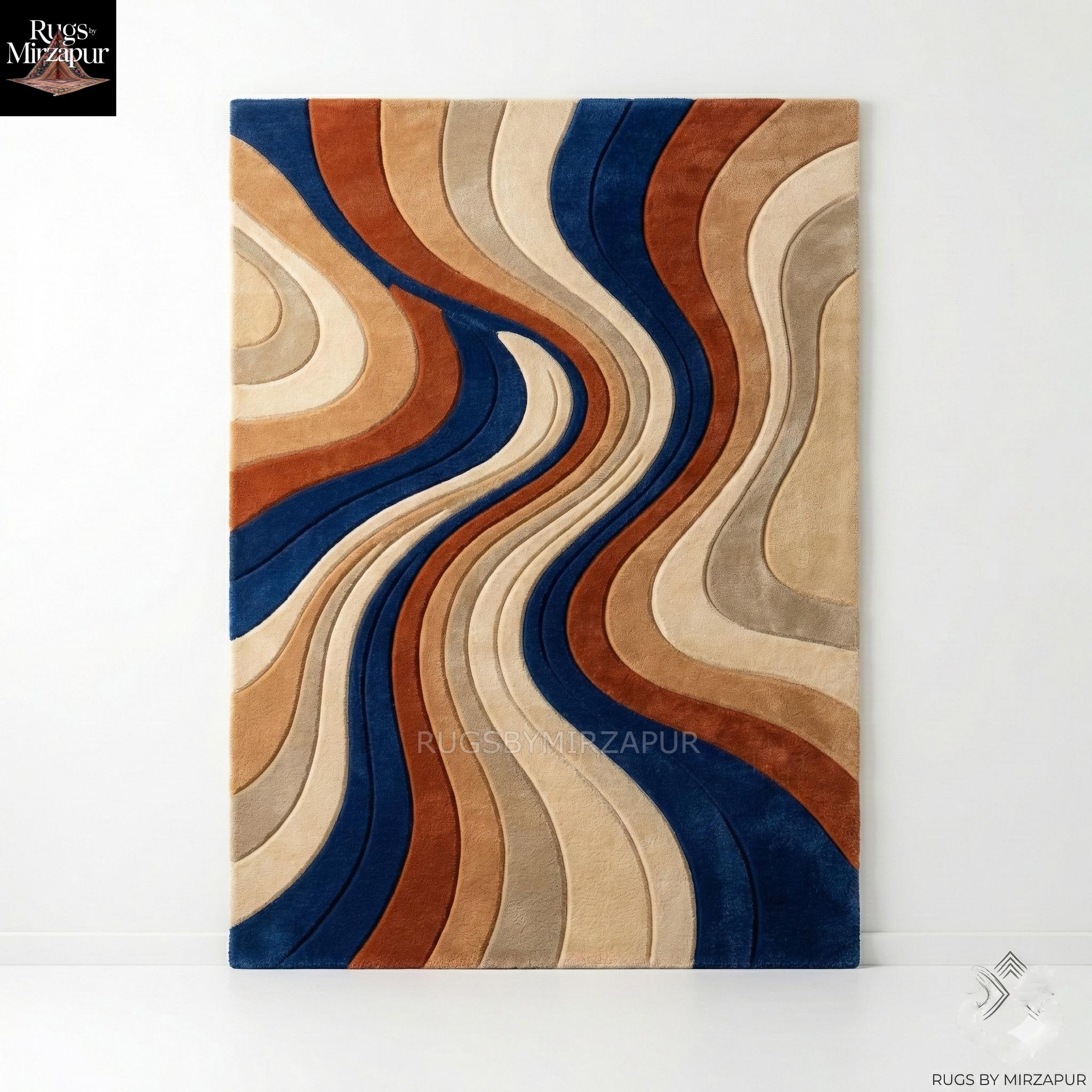 Burnt Orange Beige Blue Abstract Wave Hand Tufted Wool 6x9 Rugs