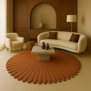 May include: A modern living room setup featuring a cream-colored sofa and armchair, complemented by a round, rust-colored rug. A square coffee table holds dark vases. The room has a warm, inviting ambiance with a neutral color palette and wooden accents.