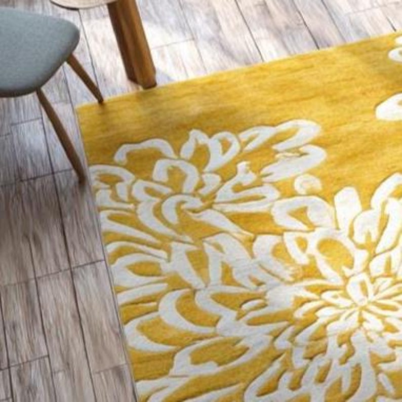 Mustard Yellow Ivory Floral Modern Contemporary Hand Tufted Living Room ...