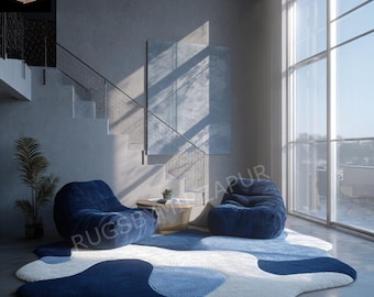Modern marineblauw hemels ivoor onregelmatig handgetuft blauw 5 x 7 wollen vloerkleed voor woonkamer, abstracte blauwe tapijten voor kinderkamer, hedendaagse tapijten 8 x 10