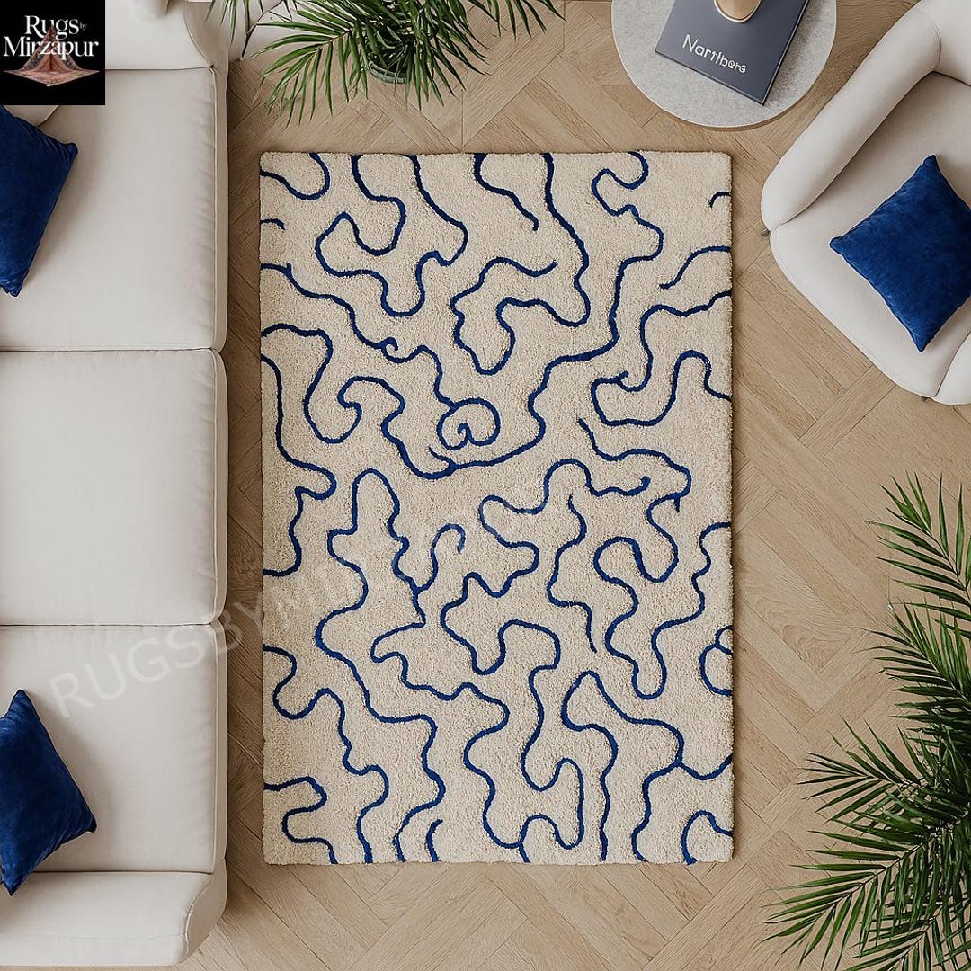 Modern Navy Blue Ivory Irregular Hand Tufted Blue 5x7 Wool Area Rug for ...
