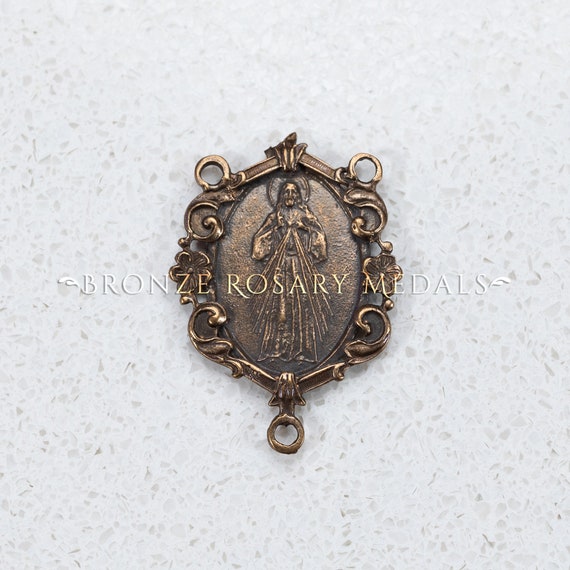 Divine Mercy, Jesus I Trust in You, Heirloom Bronze Rosary Center, Saint Faustina French Antique Replica Catholic Medal