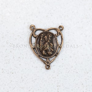 St. Christopher Heart-Shaped Heirloom Bronze Rosary Center, French Antique Replica Medal,