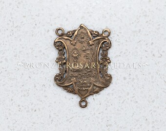 Lacey Holy Eucharist Heirloom Bronze Rosary Center with Tiny flowers, French Antique Replica Medal Perfect for a Girls First Communion