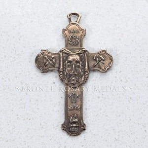 Holy Face of Jesus on Veronica&#39;s Veil Heirloom Bronze Rosary Crucifix, Antique Replica Medal