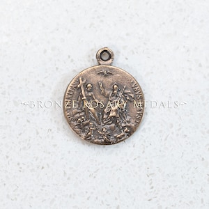The True Bronze Holy Trinity Medal Details the Holy Spirit, Jesus holding the crucifix and God,  Antique Replica Medal