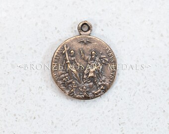 The True Bronze Holy Trinity Medal Details the Holy Spirit, Jesus holding the crucifix and God,  Antique Replica Medal