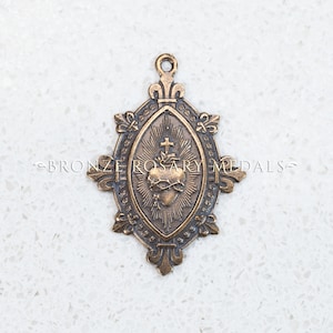 Sacred Heart with Fleur de Lis Design Bronze Heirloom Catholic Medal, French Antique Replica Catholic Medal