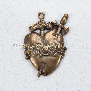 The Large Bronze Pierced Heart Heirloom Catholic Medal, French Antique Replica Medal
