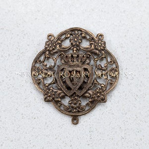 Twin Hearts Bronze Rosary Center with the Sacred Heart of Jesus & Immaculate Heart of Mary, Antique Replica Catholic Medal, Bridal Medal