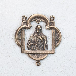 Framed Virgin Mary&#39;s Immaculate Heart Bronze Rosary Center, Heirloom Catholic Rosary Center, Antique Replica