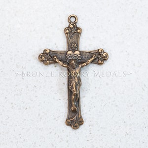The Sacred Heart of Christ with Scroll Points Heirloom Bronze Rosary Crucifix, Antique Replica Bronze Rosary Medals