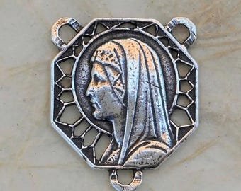 Openwork Mary's Bronze Rosary Center, Heirloom Catholic Rosary Center, Antique Replica