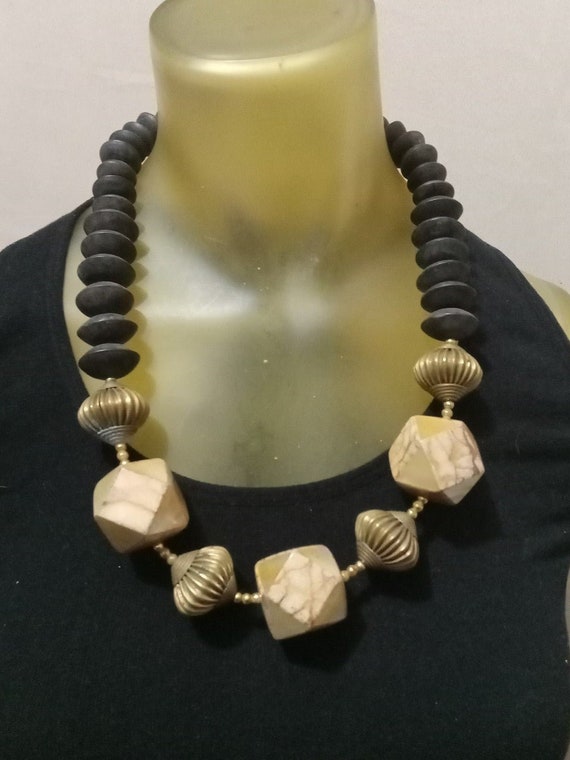 Vintage Brass and Wood bead Necklace - image 3