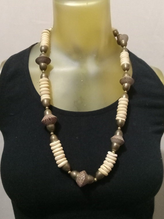 Vintage Brass and Wood bead Necklace - image 2