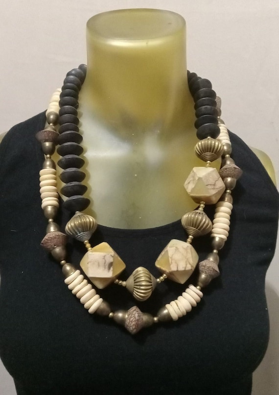 Vintage Brass and Wood bead Necklace