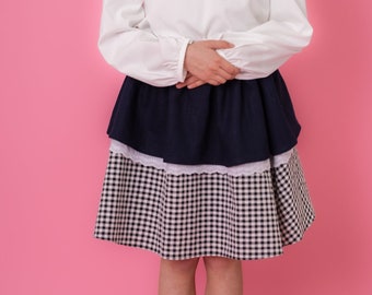 Girls Navy Skirt, black gingham, Age 7-10, 40cm length gathered skirt, Adjustable waist size 45-84cm, Handmade, Back to school, Birthday