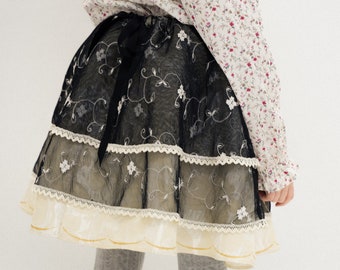 Girls occasional tutu skirt, Flower embroidery, Age 7-10, 40cm length gathered skirt, Adjustable waist size 45-84cm, Handmade, Birthday gift