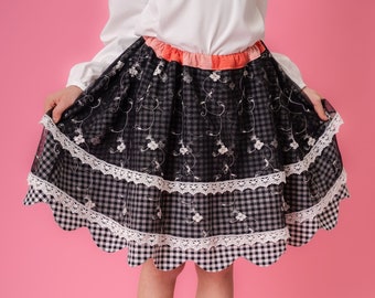 Girls Skirt, Flower embroidered, black gingham, Age 7-10, 40cm length gathered skirt, Adjustable waist size 45-84cm, Handmade, Birthday gift