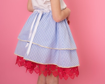 Girls Gingham Skirt with Flower lace, Age 7-10, 40cm length gathered skirt, Adjustable waist size 45-84cm, Handmade, Birthday gift for her