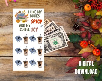 Op de afbeelding: Een downloadbare digitale print voor een herfst-thema spel. Het spel heet "Ik hou van mijn boeken pittig en mijn koffie ijskoud". Het spelbord heeft een raster van 12 vakjes met verschillende prijzen voor boeken en koffie. De prijzen zijn €2, €4, €6 en €8. Het spelbord is omringd door herfstdecoraties, waaronder bladeren, pompoenen en eikels.