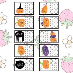 May include: A Halloween-themed design featuring illustrated pumpkins, a spider, and the word "BOO" in a speech bubble. Each image has a set of nine circles. The background includes strawberries and flowers.
