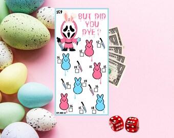 May include: A pink and blue Easter-themed game board with a cartoon character wearing a bunny mask and holding a knife. The board has a grid of squares with numbers and the text "But Did You Dye?" at the top. There are two red dice on a pink background.