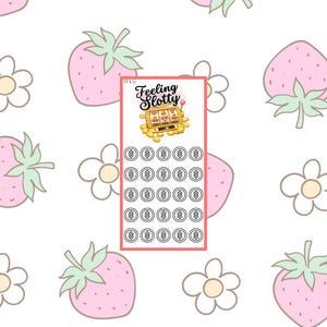 May include: A patterned design featuring pink strawberries and white flowers on a white background. A rectangular card with the text "Feeling Slotty" and a slot machine graphic is in the center, with circles below.