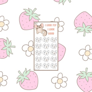 May include: A sheet of stickers featuring a chinchilla wearing sunglasses with the text "I LOOK FLY I LOOK GOOD". The stickers are surrounded by a pattern of pink strawberries and white flowers on a white background.