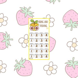 Op de afbeelding: Een stickervel met een herhalend patroon van roze aardbeien en witte bloemen. Een gele rechthoek toont een plantafbeelding en de woorden "Vibing and Thriving". Hieronder staan genummerde vakjes. Het stickervel is ontworpen met een schattige, grillige esthetiek.