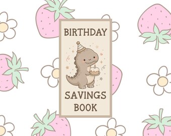 SAVINGS CHALLENGE BOOK, Neutral Dinosaur Birthday Savings Book, dinosaurs, birthday, cake, presents, balloons, low budget, beginner friendly