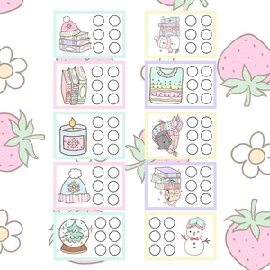 May include: A pastel-colored planner page with winter-themed illustrations. The page features images of books, hats, sweaters, candles, snow globes, and a snowman. Each illustration is paired with a set of blank circles.