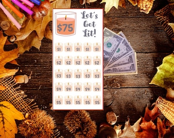 Op de afbeelding: Een printbare spelkaart met de tekst "Let's Get Lit!" en een kaarsafbeelding. De kaart heeft een raster met 25 kaarsen met dollarbedragen van $ 1 tot $ 5.