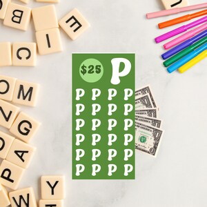 Peut inclure: Un chèque-cadeau imprimable vert et blanc d'une valeur de 25 $. Le chèque-cadeau présente la lettre "P" dans une grande police stylisée. Le mot "P" est répété 20 fois dans une police plus petite.