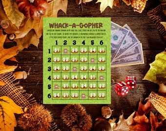 May include: A green and brown game board with the title "WHACK-A-GOPHER". The board has a grid with numbers 1 through 6 on the top and side. Each square has a dollar amount and a cartoon gopher. Two red dice are on a wooden surface next to the game board.