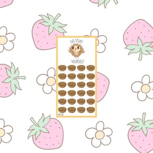 May include: A sticker sheet with a repeating pattern of pink strawberries and white flowers. A rectangular sticker features a cartoon owl and the text "GO STUFF YOURSELF" above rows of small bowls.