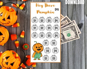 Op de afbeelding: Een digitale download met Halloween-thema met een spaartracker met een pompoenafbeelding en de tekst "Hey There Pumpkin". De afbeelding bevat bankbiljetten, snoepmaïs en oranje pompoenemmers.