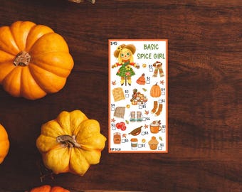 May include: A printable bingo card with the title "Basic Spice Girl" and a cartoon illustration of a scarecrow. The card has a grid of 9 squares with various autumn-themed images, such as pumpkins, boots, scarves, and coffee cups. Each square has a number from 1 to 9.
