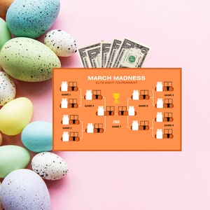 May include: An orange bracket with the text "MARCH MADNESS ELITE EIGHT TOURNAMENT" and a basketball tournament bracket with the words "GAME 1", "GAME 2", "GAME 3", "GAME 4", "GAME 5", "GAME 6", "GAME 7", and "FINAL".