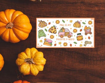 Op de afbeelding: Een witte stickervel met een herfstthema. Het bevat een roze vrachtwagen met pompoenen, bladeren en de tekst "Herfst is mijn favoriete F-woord".