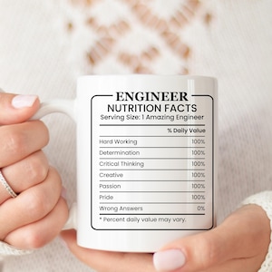 Könnte beinhalten: Eine weiße Keramiktasse mit einer schwarzen Grafik, auf der "Engineer Nutrition Facts" steht, mit einer Liste von Eigenschaften und deren prozentualem Tageswert. Die Eigenschaften umfassen harte Arbeit, Entschlossenheit, kritisches Denken, Kreativität, Leidenschaft, Stolz und falsche Antworten.