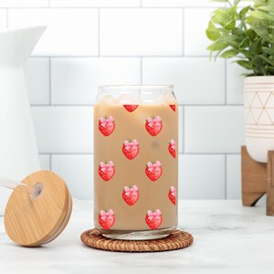 Strawberry iced coffee glass, retro glass tumbler,  Retro Iced Coffee Cup, strawberry Glass Cup, Iced Coffee Glass, Iced Coffee Cup,