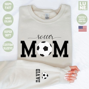 Personalized Soccer Mom Kids Name On Sleeve Sweatshirt, Mom Soccer Sweater, Soccer Mama Shirt, Gift for Soccer Mom, Fall Soccer Season Shirt