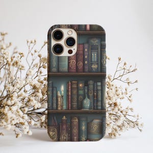 Bookshelf Phone Case, Book Lover Cover, iPhone 16, Google Pixel 9 & Samsung Galaxy S25, Witchy Dark Academia Aesthetic, Book lover gift