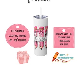 Personalized Teacher Tumbler, Pencil Design, 20oz Stainless Steel
