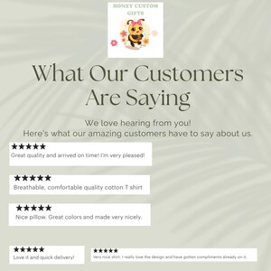 Pu&ograve; includere: Immagine con il testo "What Our Customers Are Saying" e recensioni dei clienti. Le recensioni menzionano "Great quality", "Breathable, comfortable quality cotton T shirt", e "Nice pillow. Great colors and made very nicely."