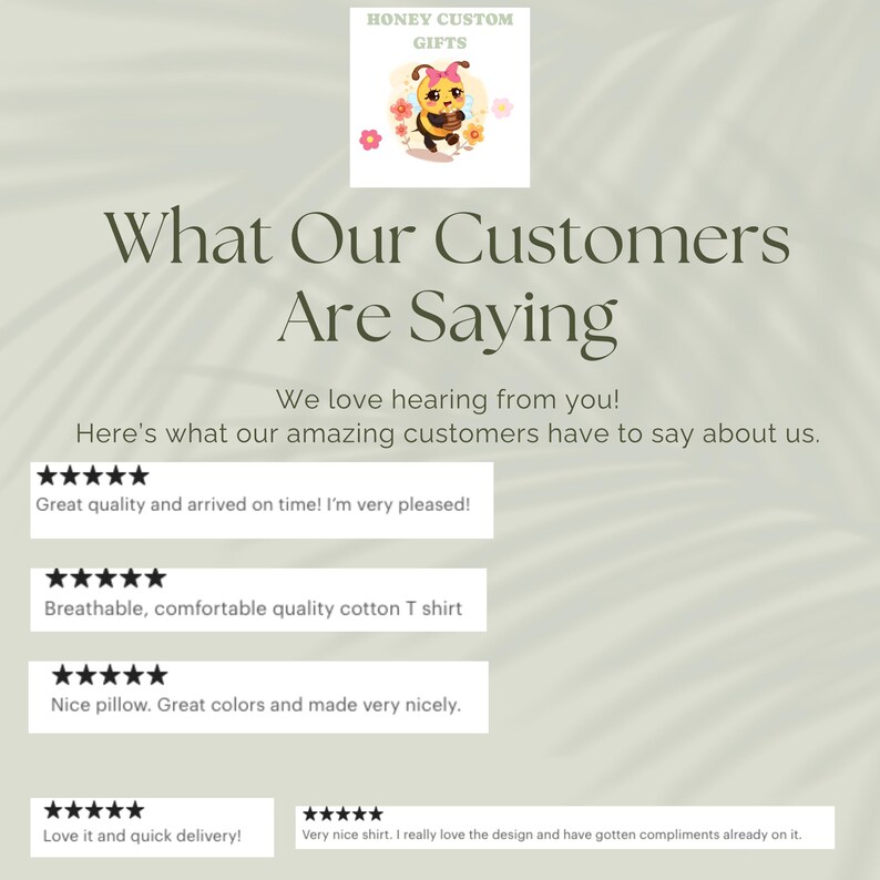 Pu&ograve; includere: Immagine con il testo "What Our Customers Are Saying" e recensioni dei clienti. Le recensioni menzionano "Great quality", "Breathable, comfortable quality cotton T shirt", e "Nice pillow. Great colors and made very nicely."