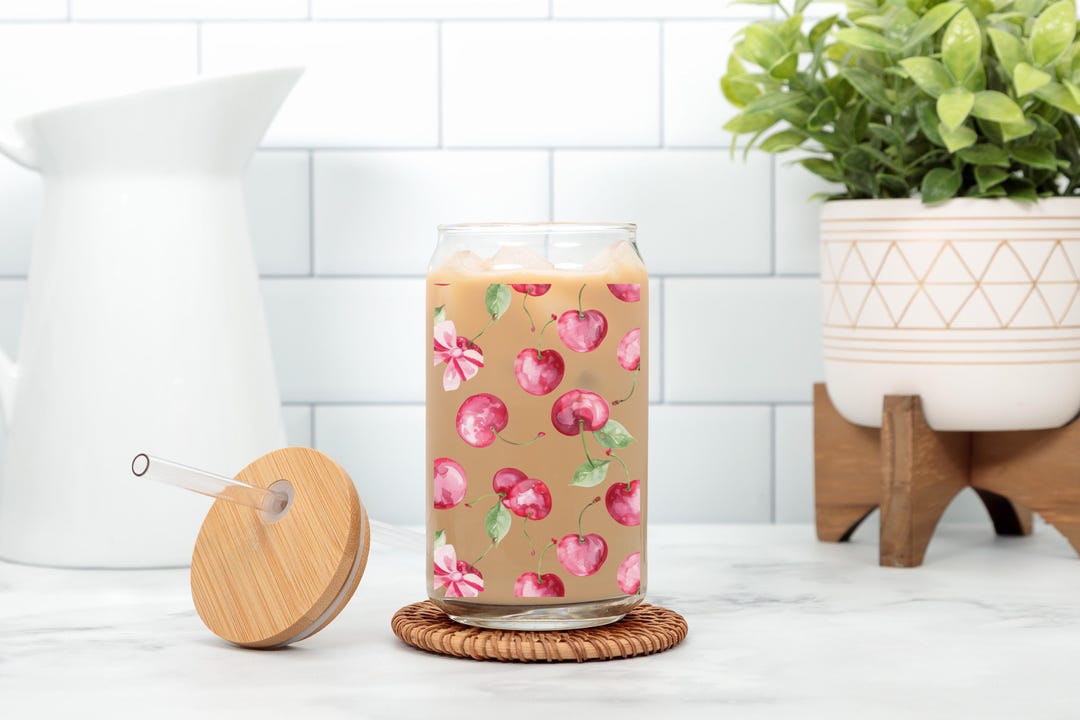 Cherry Iced Coffee Glass Tumbler: Retro Sipper With Lid & Straw - Etsy