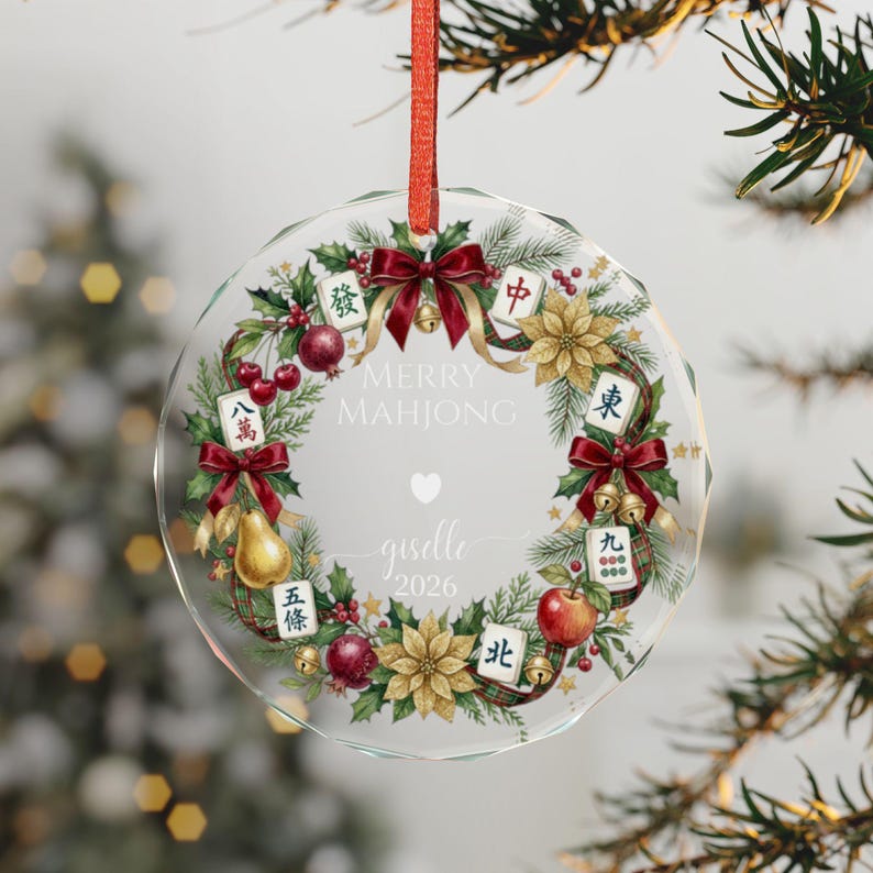 Merry Mahjong Ornament , Personalized Mahjong Christmas Ornament, Personalized Mahjong Lover Gift ,Mahjong Holiday Keepsake, Glass ornament image 8